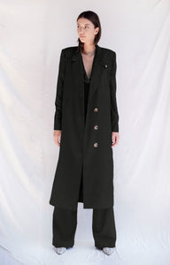 Dark Grey Structured Suit Vest Oversized Trench Coat and Pleated Wide Leg Pants Suit Set - Custom Made - Bastet Noir