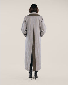 Maxi Grey and Dark green cotton trench coat with open back - Custom Made - Bastet Noir