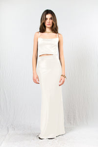 White High Waist Satin Silk Maxi Skirt and Satin Silk Crop Top - Custom Made - Bastet Noir