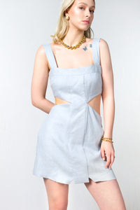 Baby Blue Cutout Linen Mini Dress - Custom Made - Bastet Noir