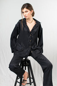 Black bareback satin silk women shirt - Custom Made - Bastet Noir