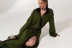 Olive Pure Silk Sustainable Shirt Dress custom made by Bastet Noir