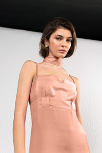 Peach silk satin thin strap maxi dress - Custom Made - Bastet Noir