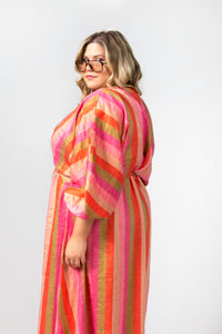 Pink striped linen maxi dress - Custom Made - Bastet Noir