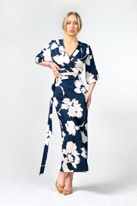 Blue and White Floral Print Cotton Kimono Sleeve Bareback Midi Dress - Custom Made - Bastet Noir