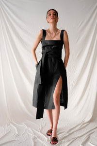 Black linen midi strap dress - Custom Made - Bastet Noir