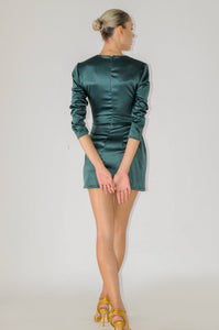 V-neckline emerald mini dress