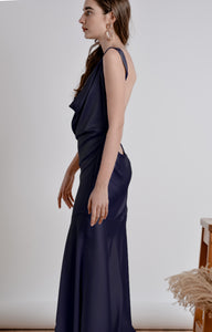 Dark Blue Satin Silk Bridesmaid Backless Maxi Dress - Custom Made - Bastet Noir