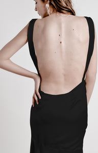 Black Satin Silk Bridesmaid Backless Maxi Dress - Custom Made - Bastet Noir