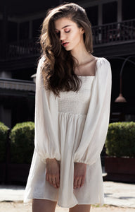 White linen smocking mini dress - Custom Made - BastetNoir