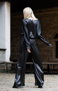 Black satin wedding guest jumpsuit - Tailor Made - Bastet Noir