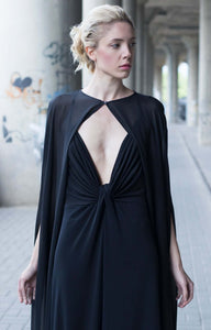 Black plunging neckline maxi wedding guest dress with front slit and transparent cape - Custom Made - Bastet Noir