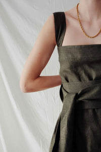 Olive green linen midi strap dress - Custom Made - Bastet Noir