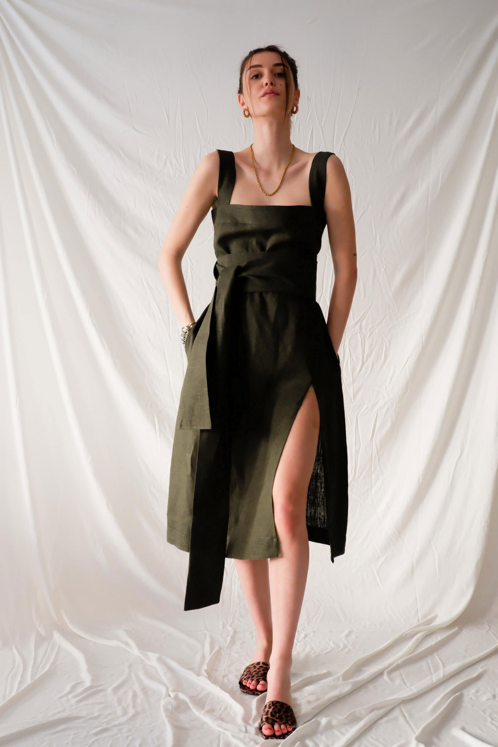 Glamorous Black Square Neck Midi Dress with Side Split - Glamorous