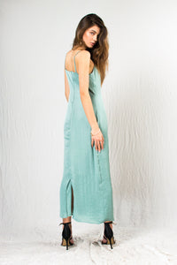 Turquoise silk satin ankle length strap dress - Custom Made - Bastet Noir