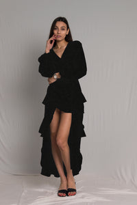 Black Georgette High Low Ruffle Dress - Custom Made - Bastet Noir