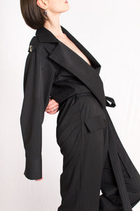 Custom made black striped plunging neckline detachable belt jumpsuit