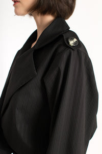 Custom made black striped plunging neckline detachable belt jumpsuit
