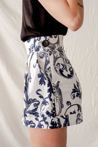 White and Blue Print High Waist Pleated Shorts - Custom Made - Bastet Noir 