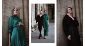 Des and Jen wearing the emerald green maxi dress and the black puffed sleeve maxi dress