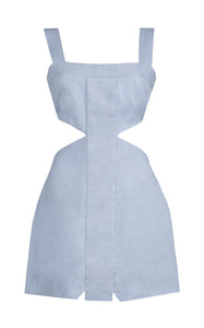 Mini length baby blue linen dress with square neckline and asymmetric cut out details