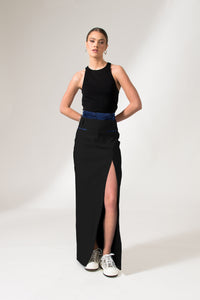 Black Denim Front Slit Maxi Skirt - Custom Made - Bastet Noir
