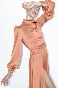 Peach Satin Silk Turtleneck Bridesmaid Midi Dress - Custom Made - Bastet Noir