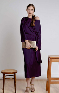 Purple bridesmaid satin dress with kimono sleeves - Tailor Made - Bastet Noir