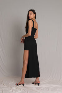 Black asymmetrical faux-corset bodice with a square neckline and thick straps dress