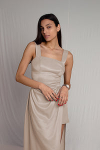Champagne satin silk wedding guest dress with thick straps