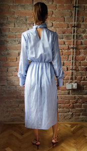 Baby blue midi turtleneck satin silk dress with long sleeves