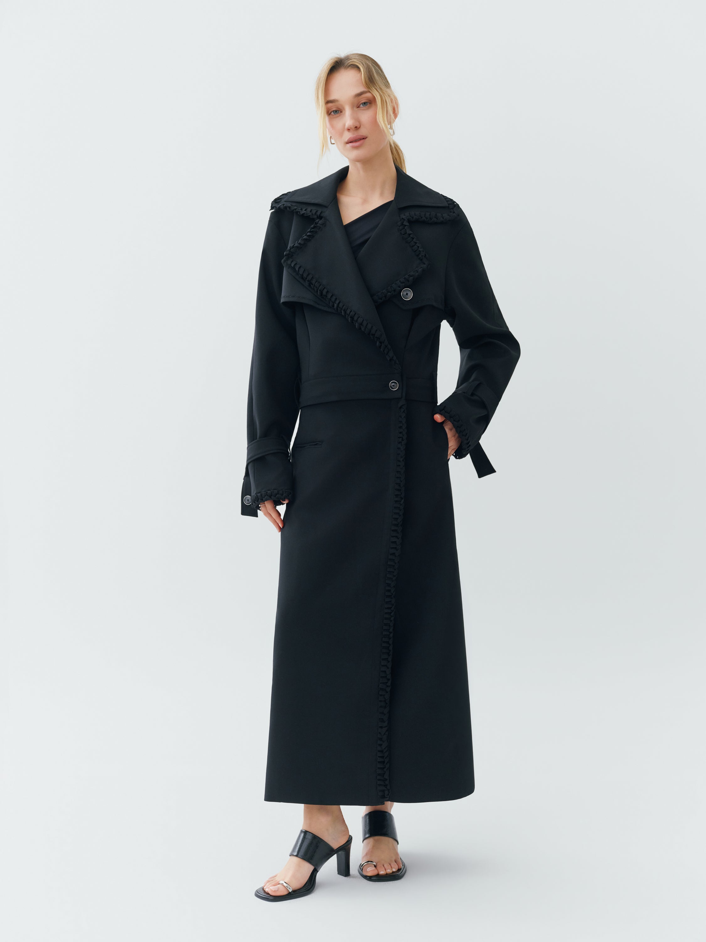 Sustainable Workwear Modular Black Trench Coat with Buttons and Zippers - Bastet Noir 