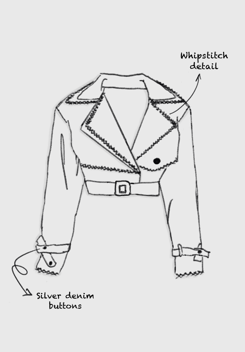 Modular Cropped Jacket with Whipstitch Detail and Silver Buttons Sketch