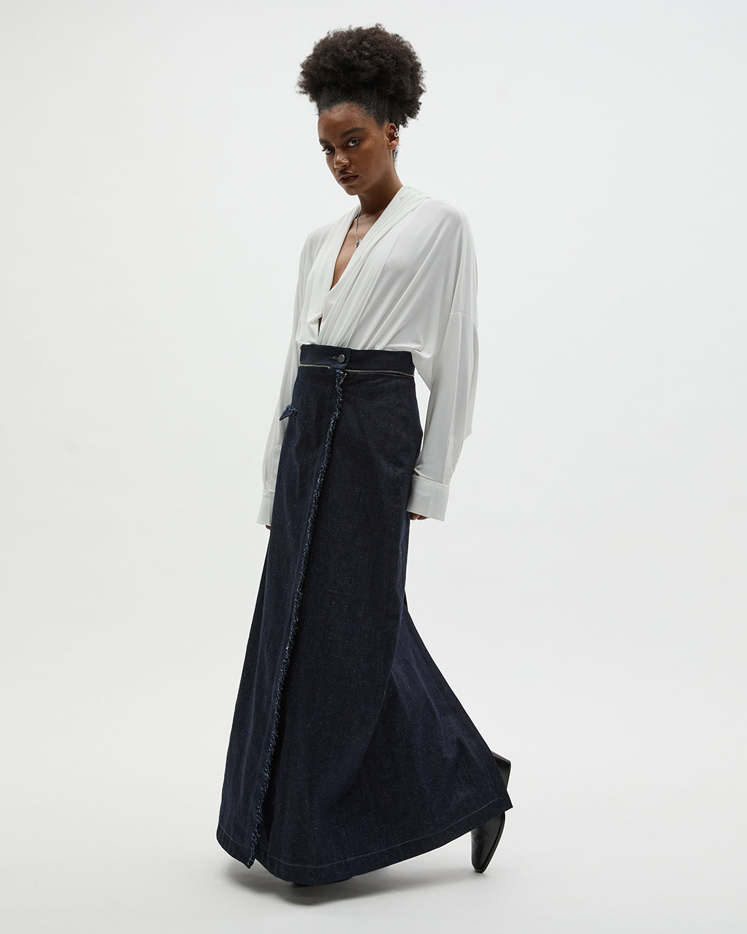 Sustainable Workwear Modular Denim Ankle Length Skirt with Buttons and Zipper - Bastet Noir 