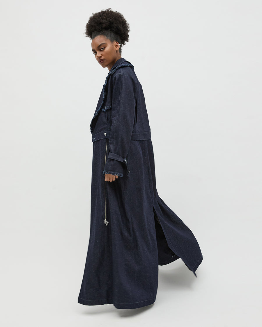 Sustainable Workwear Modular Denim Trench Coat with Buttons - Bastet Noir 