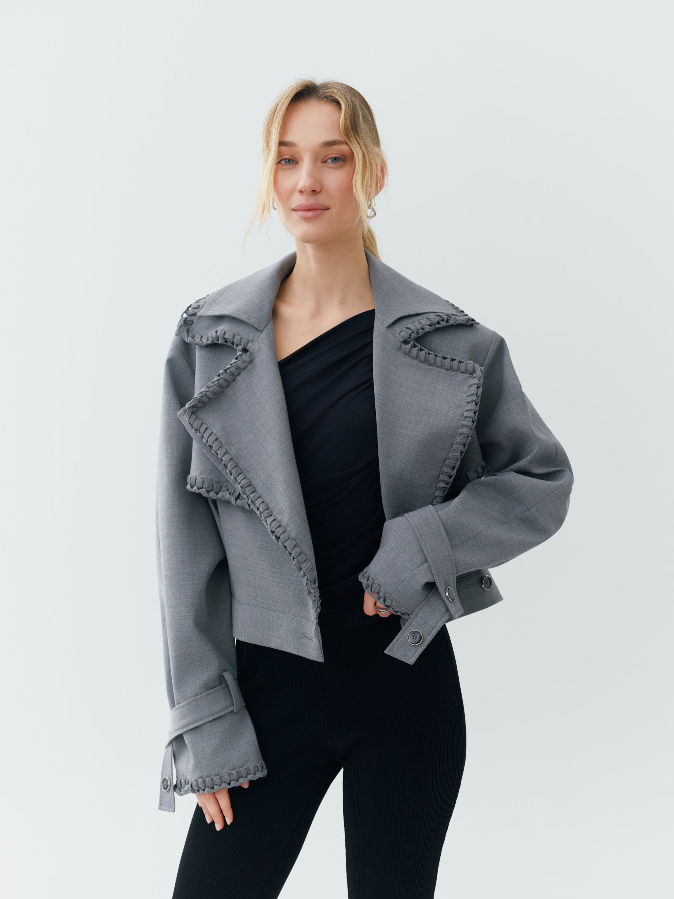 Sustainable Workwear Modular Dove Gray Cropped Jacket with Buttons  – Bastet Noir