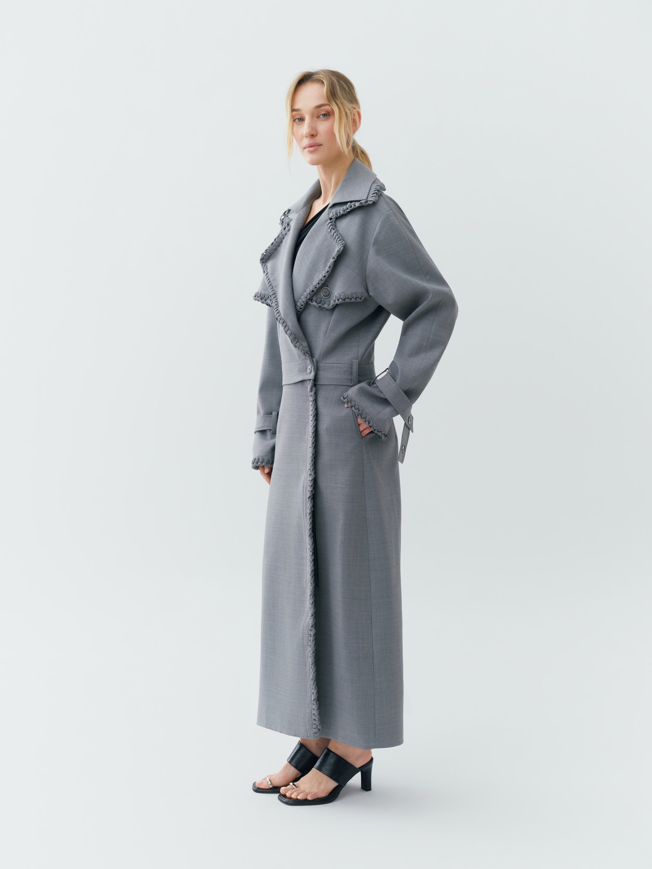 Sustainable Workwear Modular Dove Gray Trench Coat with Buttons and Zippers - Bastet Noir 