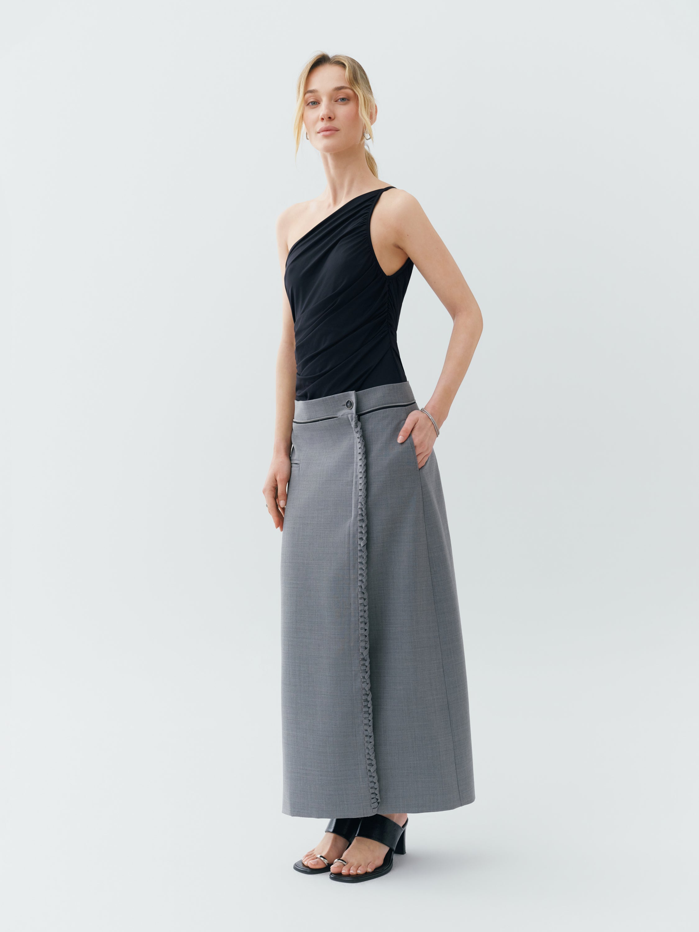 Sustainable Workwear Modular Dove Grey Maxi Skirt with Buttons and Zipper – Bastet Noir