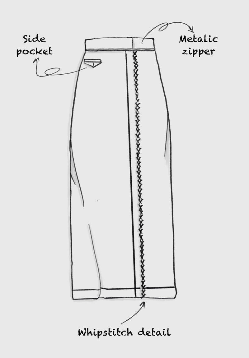 Modular Maxi Skirt with Whipstitch Detail Metallic Zipper and Side Pocket Sketch