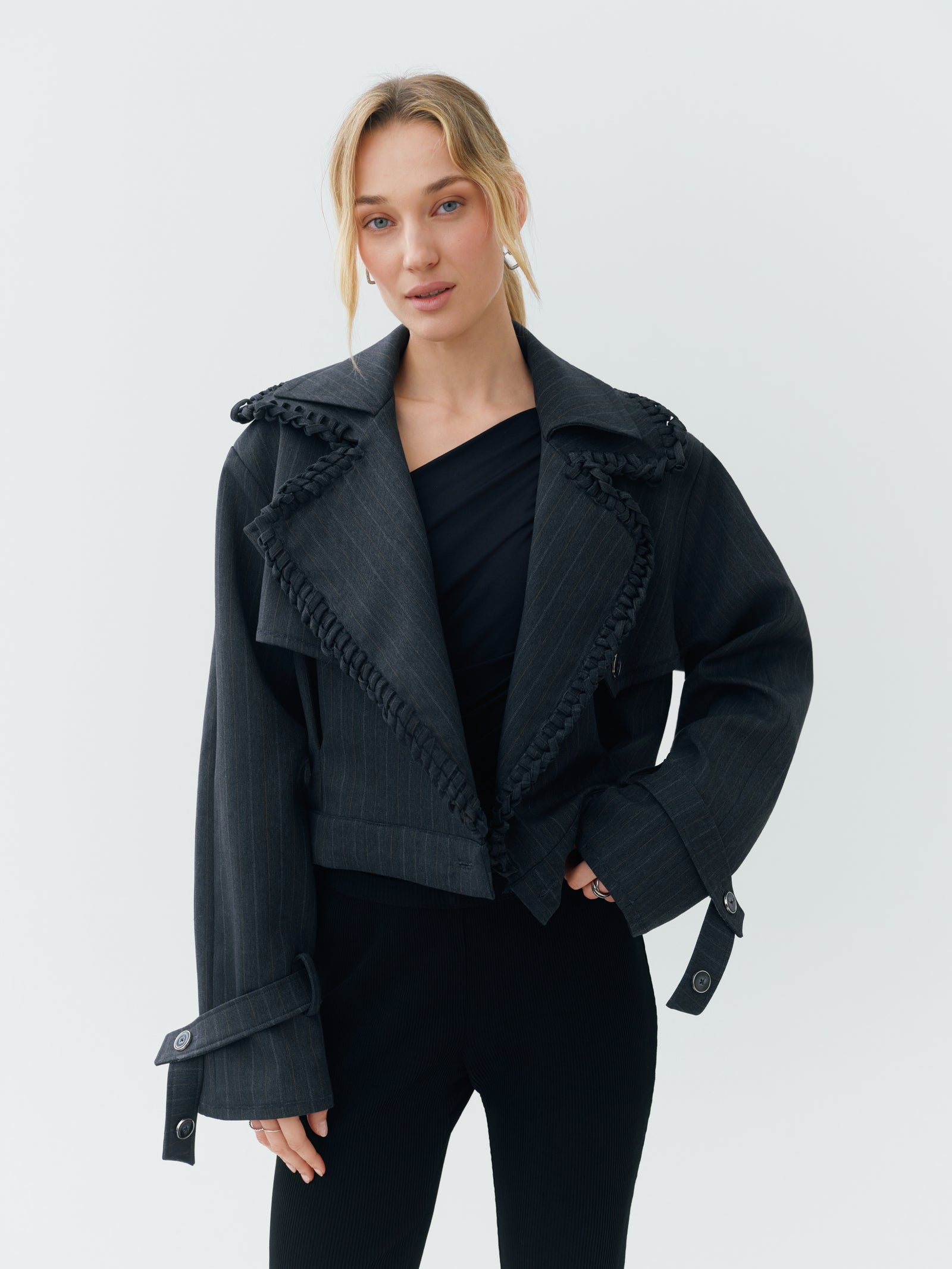 Sustainable Workwear Modular Pinstripe Gray Cropped Jacket with Buttons  – Bastet Noir