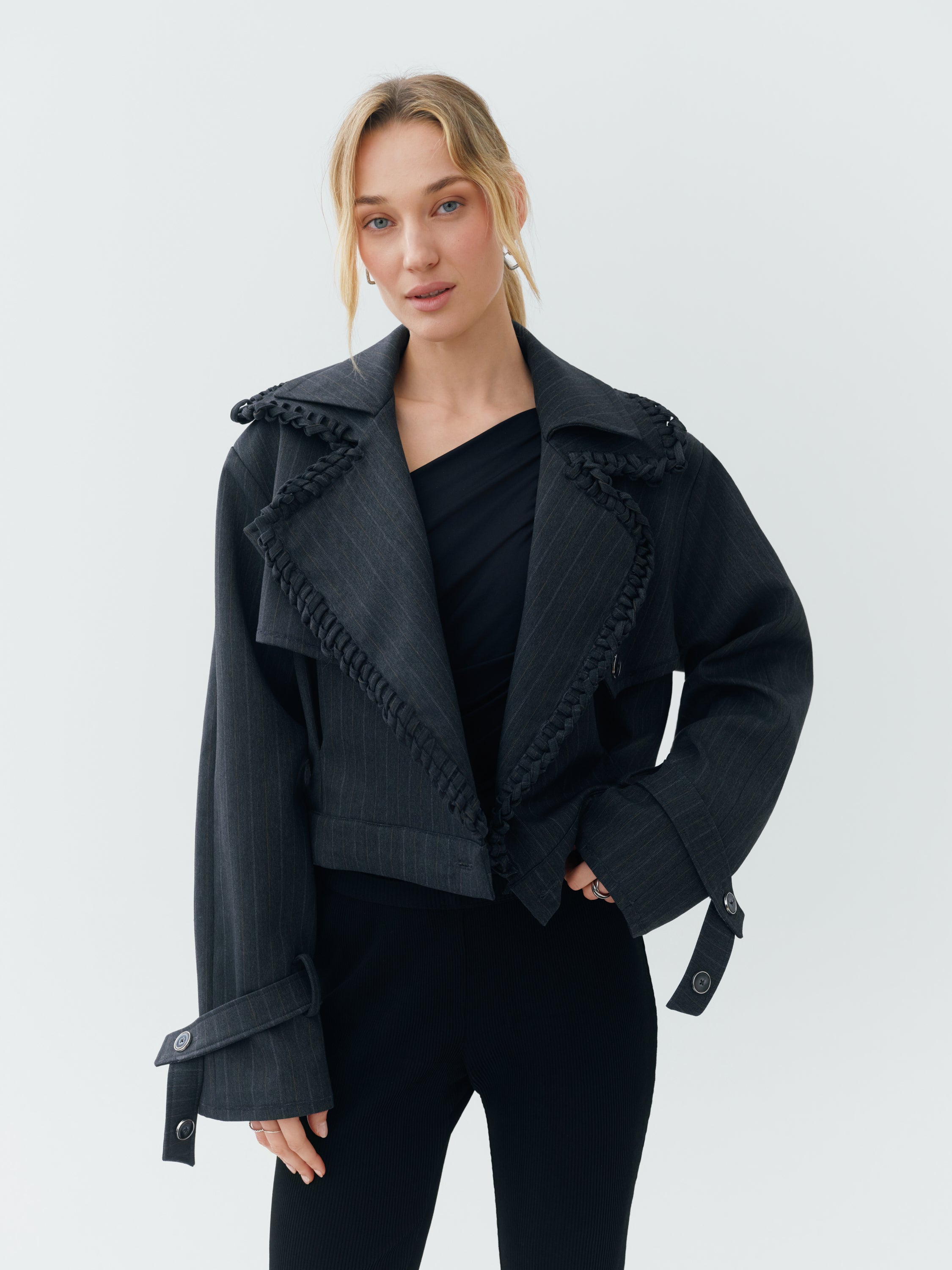 Sustainable Workwear Modular Pinstripe Gray Cropped Jacket with Buttons  – Bastet Noir