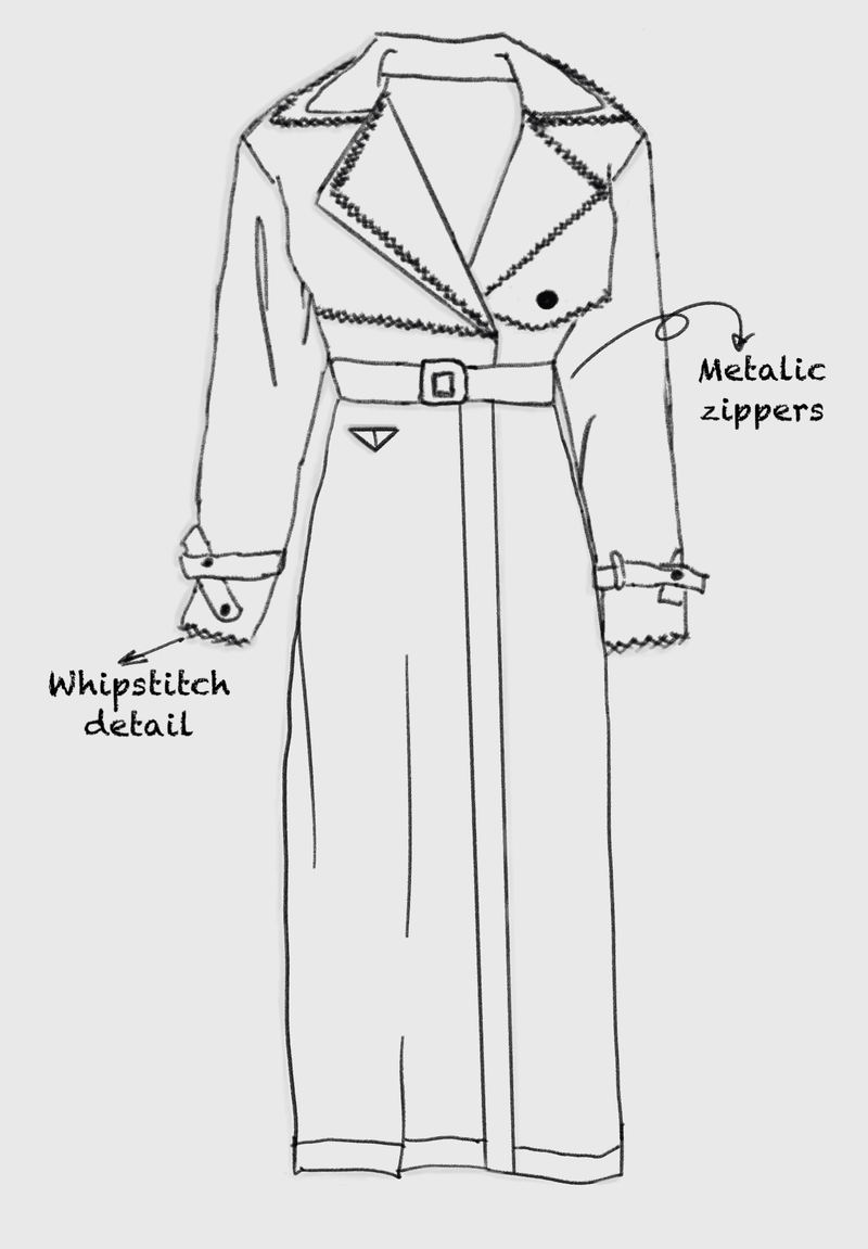 Modular Trench Coat with Separate Cropped Jacket and Skirt Sketch