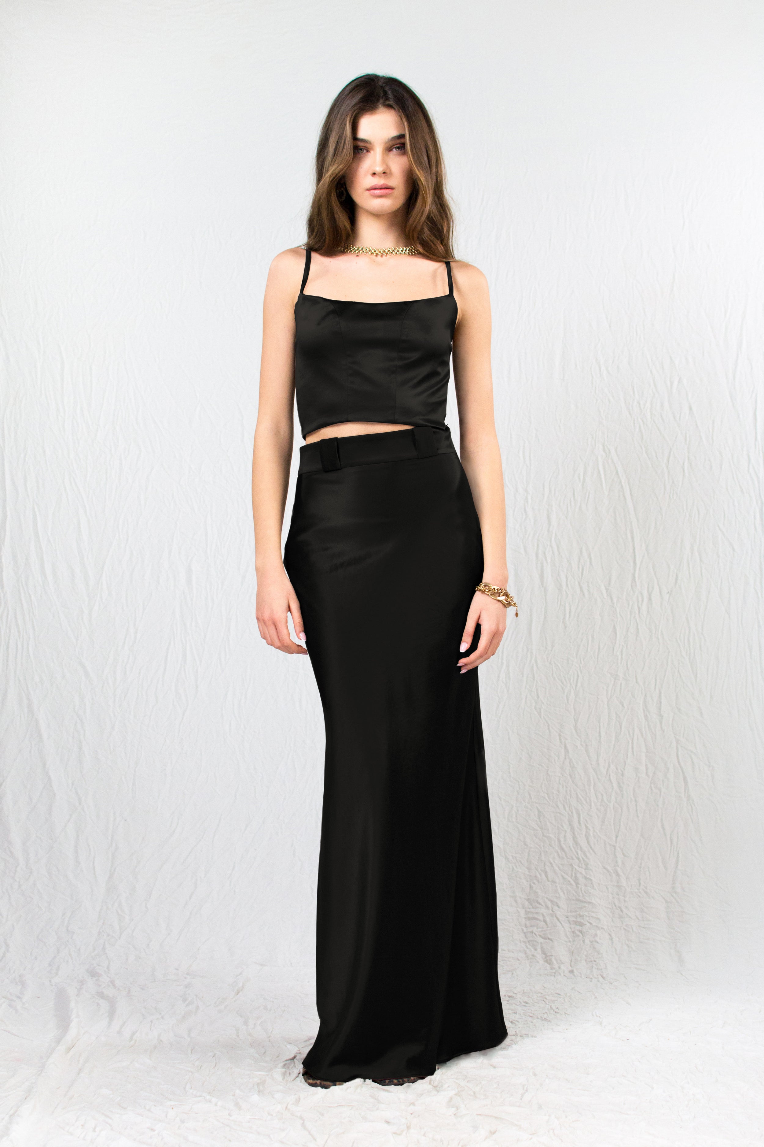 Black Fitted Silk Satin Crop Top and Silk Satin Maxi Skirt - Custom Made - Bastet Noir