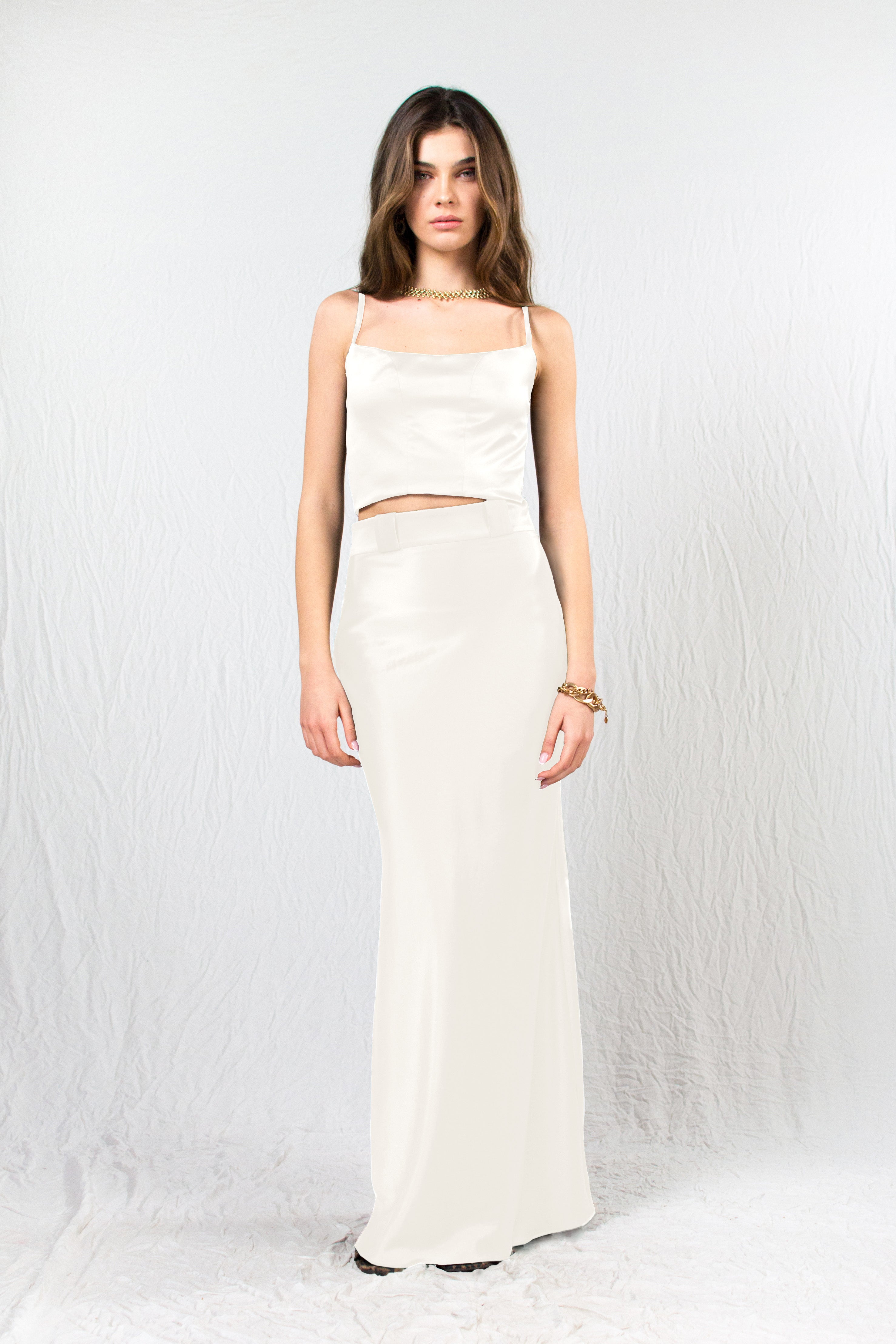 White Fitted Silk Satin Crop Top and Silk Satin Maxi Skirt - Custom Made - Bastet Noir