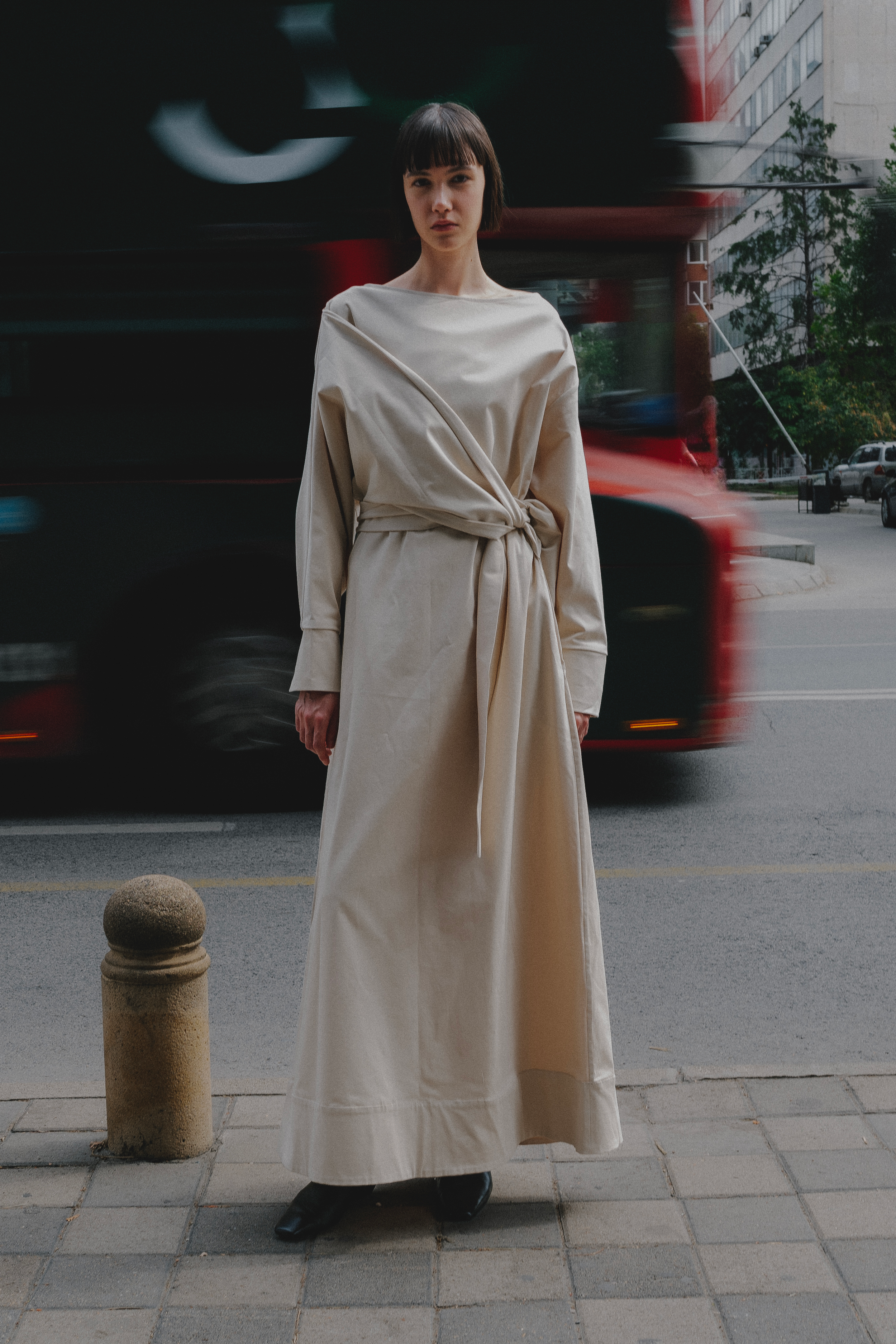 Cream Office Daytime Wear Cotton Wrap Around Top Maxi Long Sleeve Dress - Custom Made - Sustainable Dresses - Bastet Noir