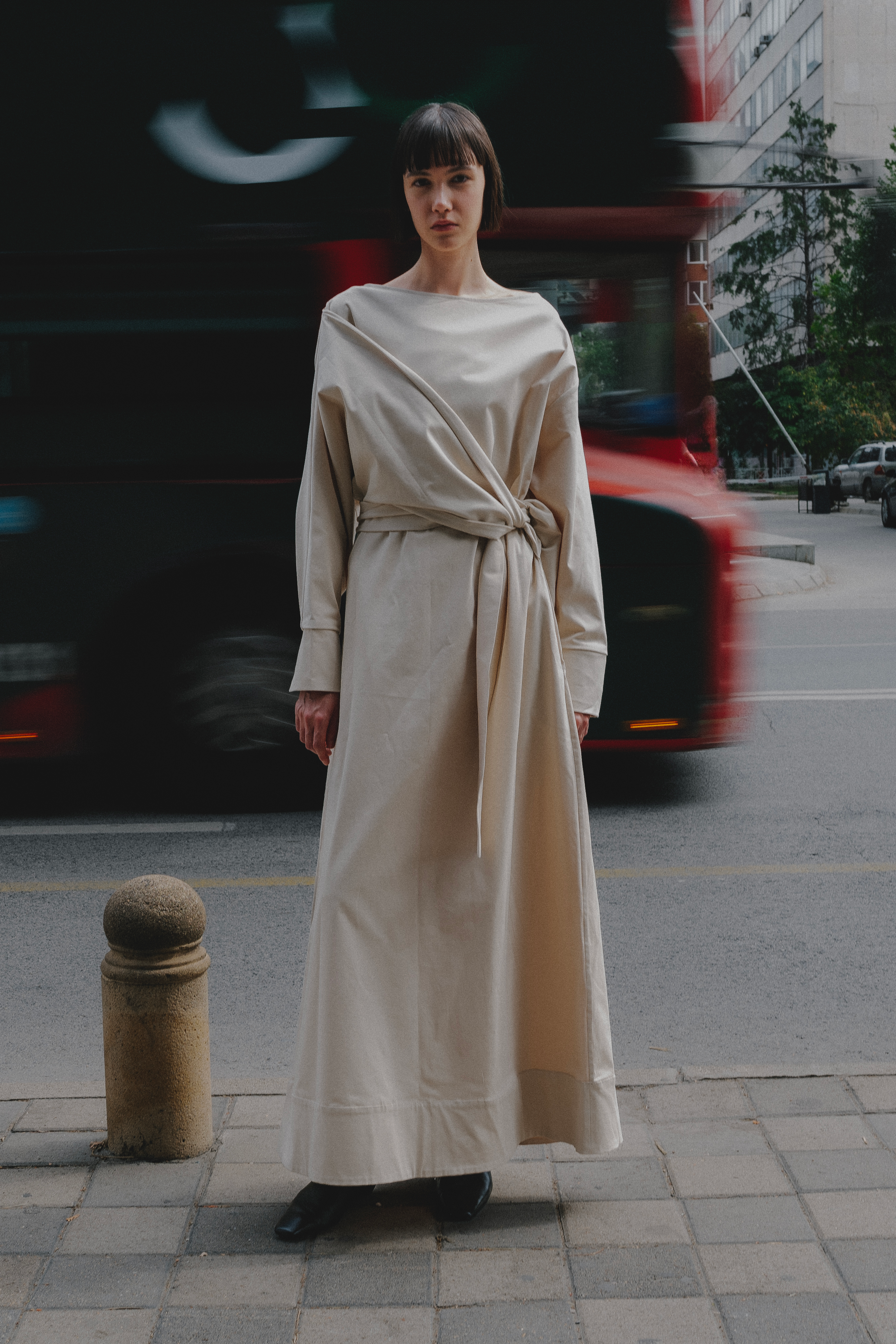 Cream Office Daytime Wear Cotton Wrap Around Top Maxi Long Sleeve Dress - Custom Made - Sustainable Dresses - Bastet Noir