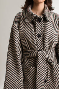 Black and White Herringbone Pattern Round Collar Belted Short Coat - Custom Made - Bastet Noir