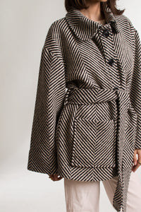 Black and White Herringbone Pattern Round Collar Belted Short Coat - Custom Made - Bastet Noir