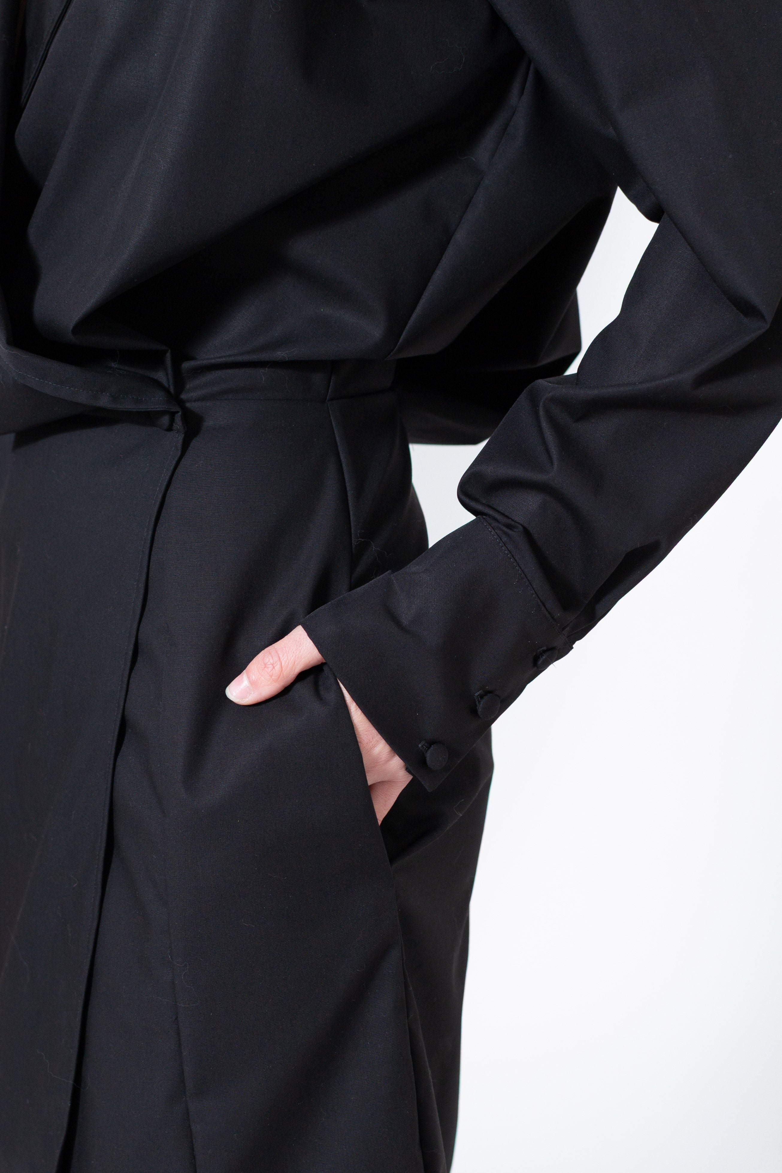 Black Cotton Everyday Office Workwear Shirt Dress With Front Buttons And V Neckline - Custom Made - Bastet Noir