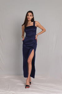 Midnight Blue bareback satin dress with thick straps and side slit